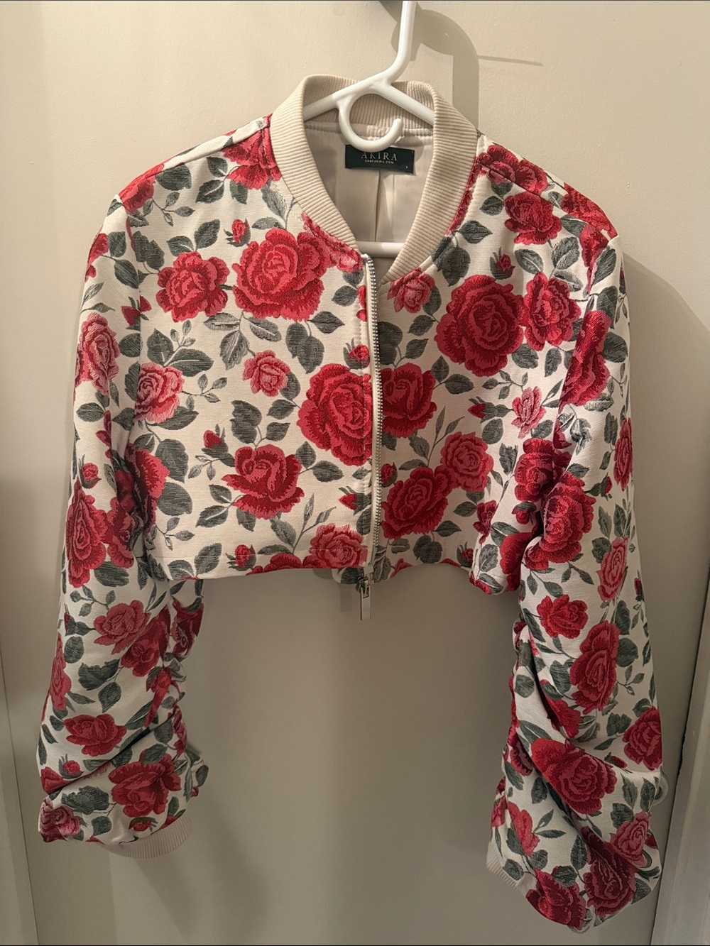 AKIRA White Cropped Bomber Jacket with Red Rose Print